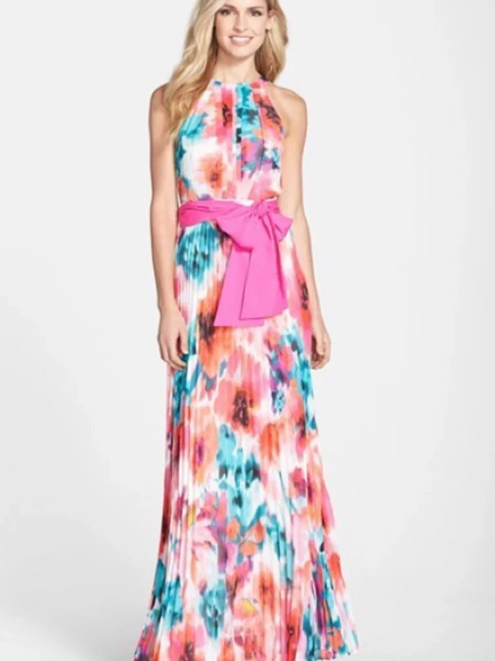 Eliza J Watercolor Floral Pleated Maxi Dress Pink Sash Halter 16W Plus - Picture 15 of 16